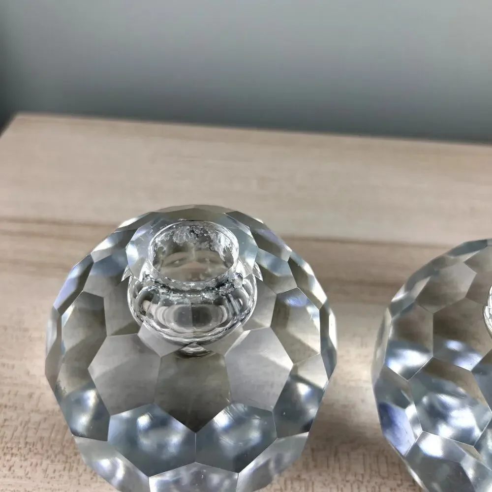 Vintage Faceted Spherical Glass Candlestick Holder Honeycomb Set of 2
